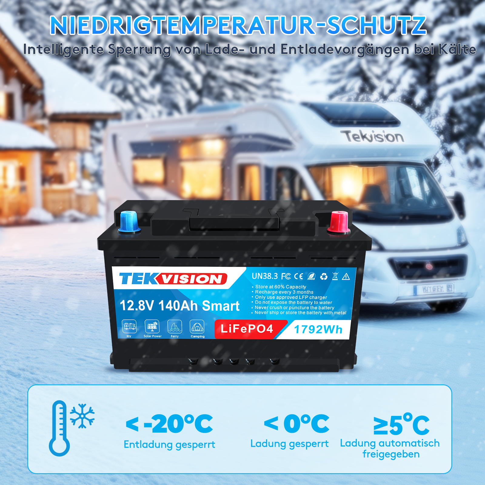 Tekvision LiFePo4 12V 140Ah Lithium Batterie Bluetooth
