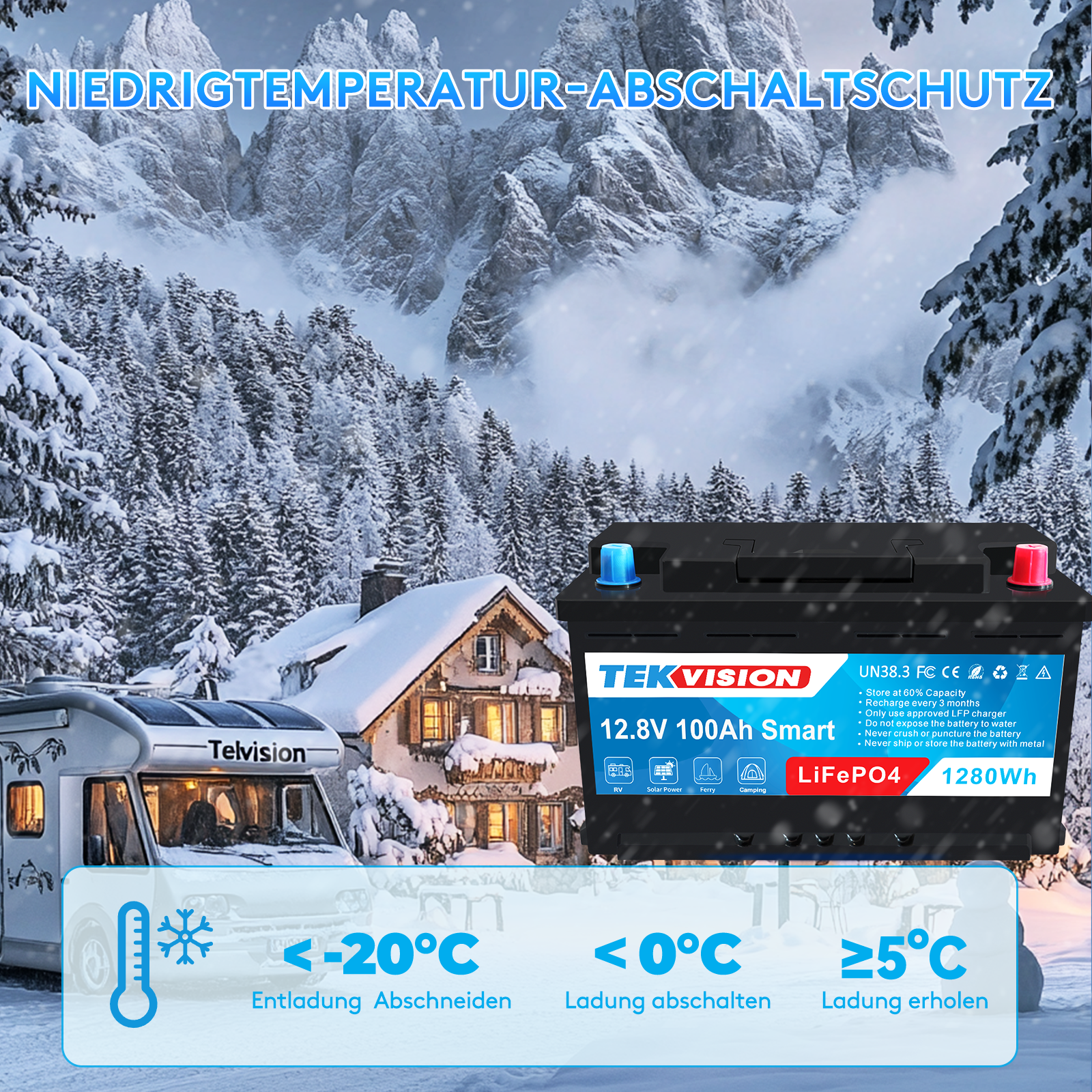 Tekvision LiFePO4 12V 100Ah H7 Lithium Batterie Bluetotoh Solarbatterie 19% MwSt .
