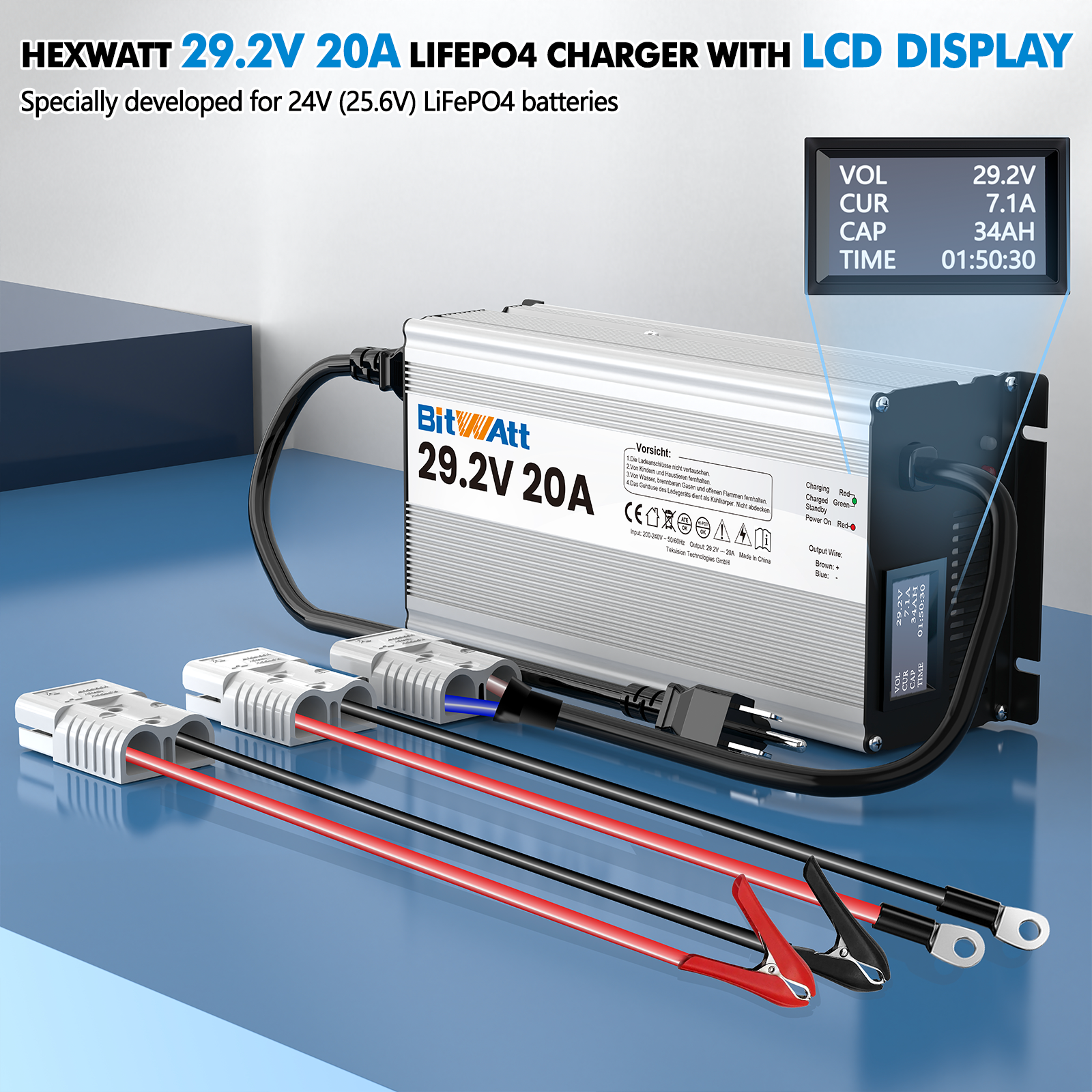 Bitwatt LiFePO4 ladegerät 24V 20A 29,2V Lithium Batterie ladegerät batterieladegerät mit LCD