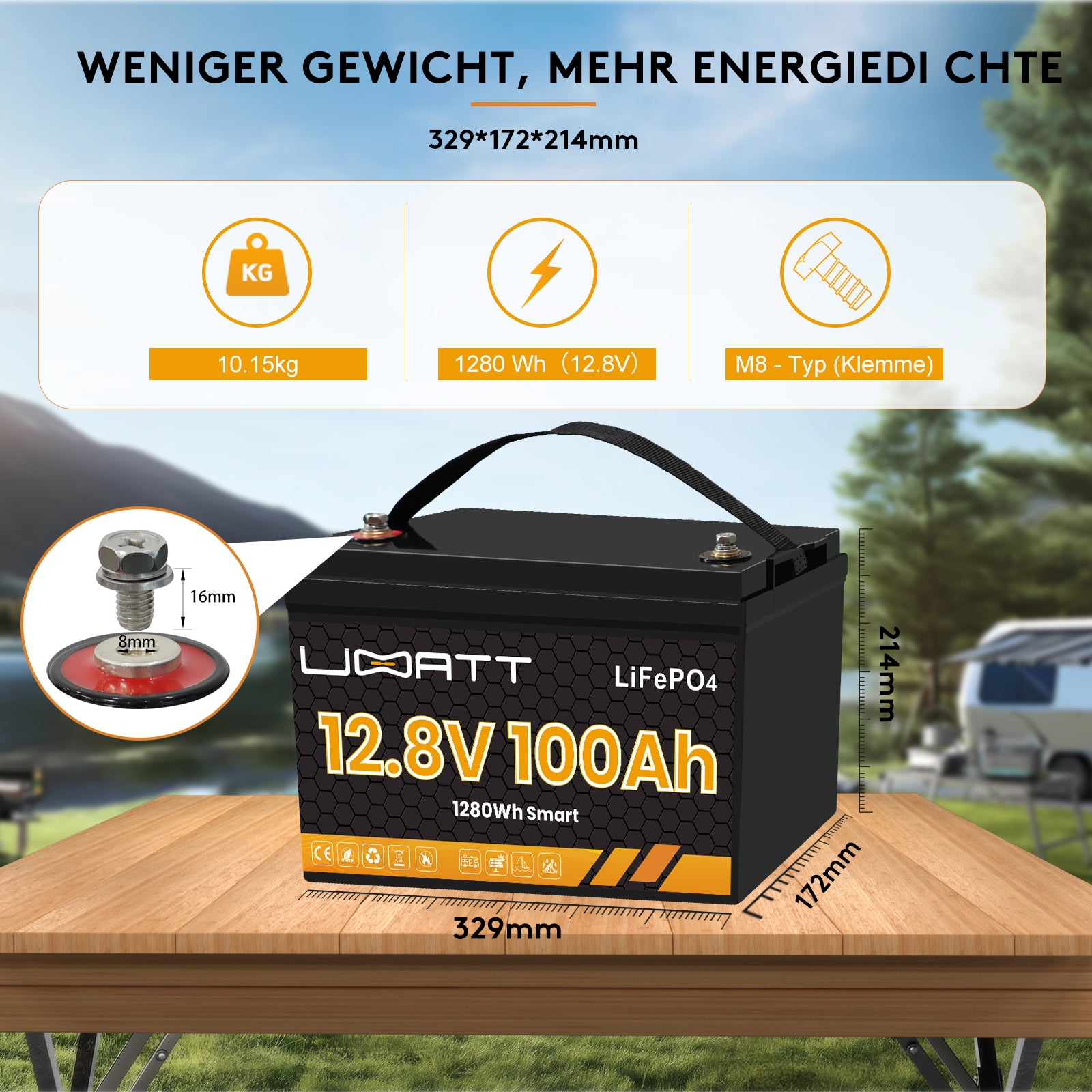 UBATT LiFePo4 12V100Ah Lithium Batterie Bluetooth Solarbatterie 19% MwSt