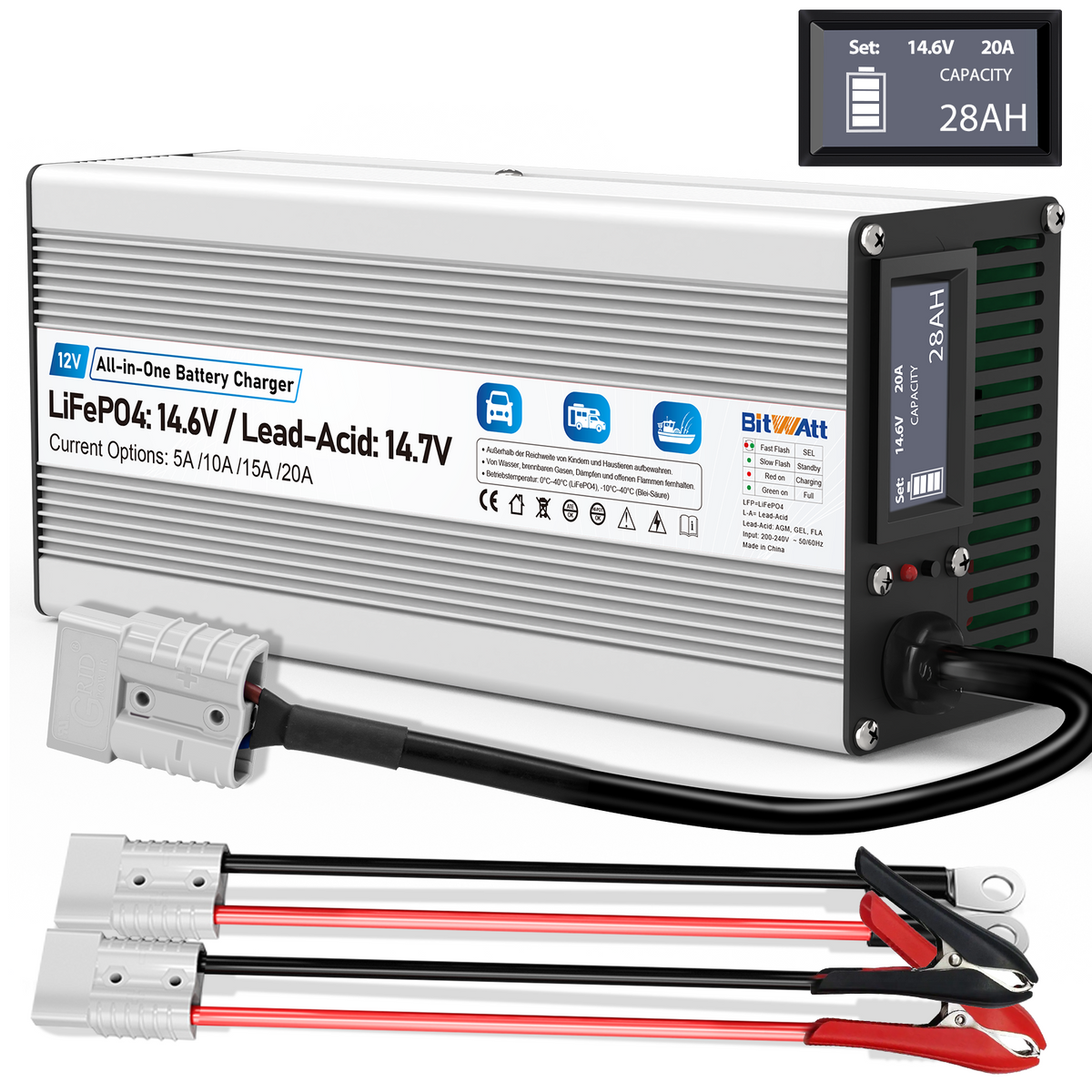Bitwatt 12V All in One LiFePO4 & AGM Ladegerät, 5A–20A Einstellbar mit LCD Display