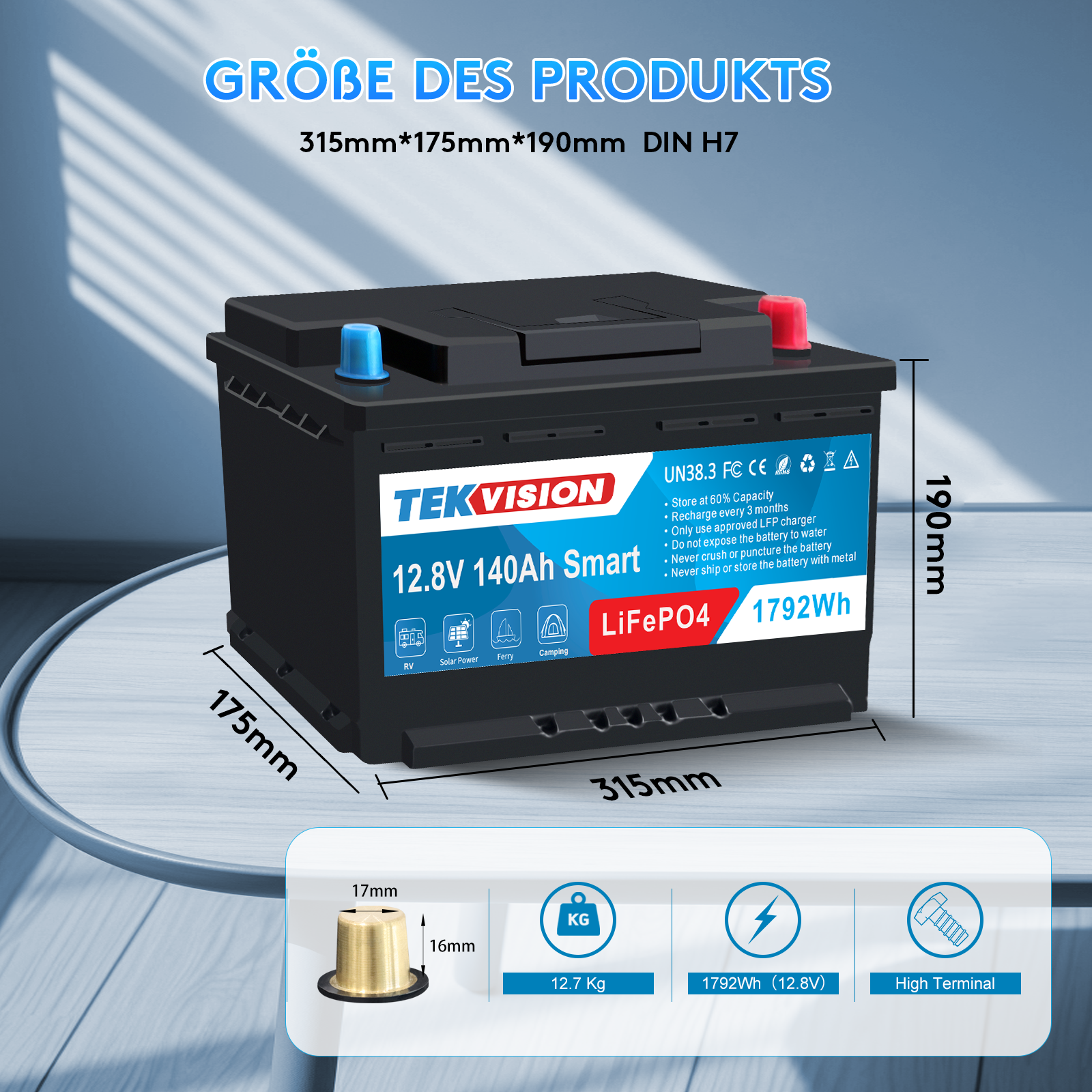 Tekvision LiFePo4 12V 140Ah Lithium Batterie Bluetooth