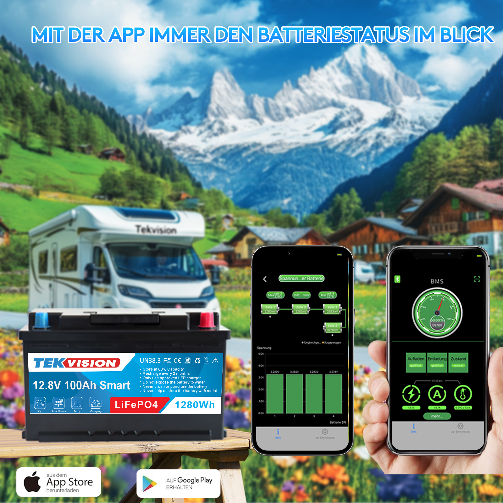 Tekvision LiFePO4 12V 100Ah H7 Lithium Batterie Bluetotoh Solarbatterie 19% MwSt .
