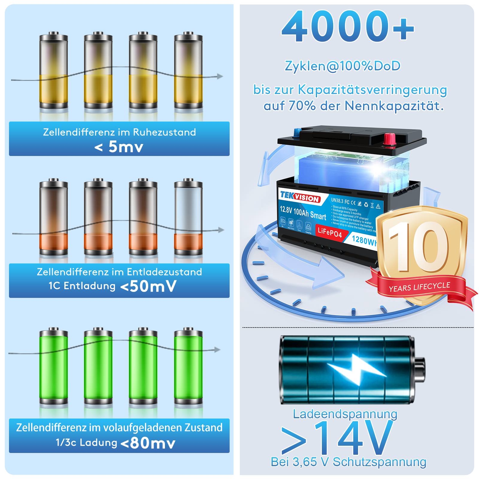 Tekvision LiFePO4 12V 100Ah H7 Lithium Batterie Bluetotoh Solarbatterie 19% MwSt .
