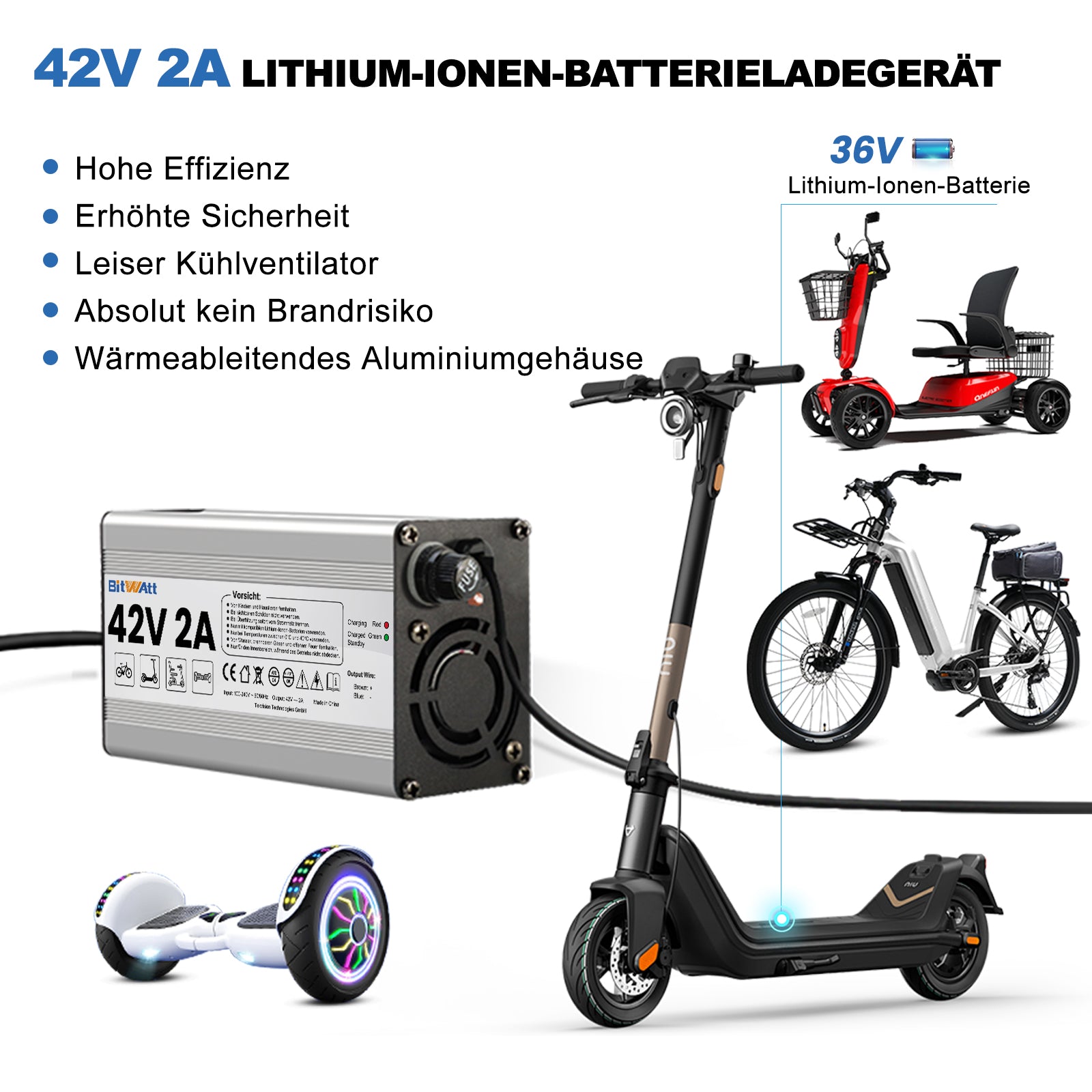 Bitwatt 42V 2A E-Bike Ladegerät – Schnellladegerät für 36V Lithium-Ionen Akku, Elektrofahrrad & E-Scooter Netzteil mit LED Anzeige