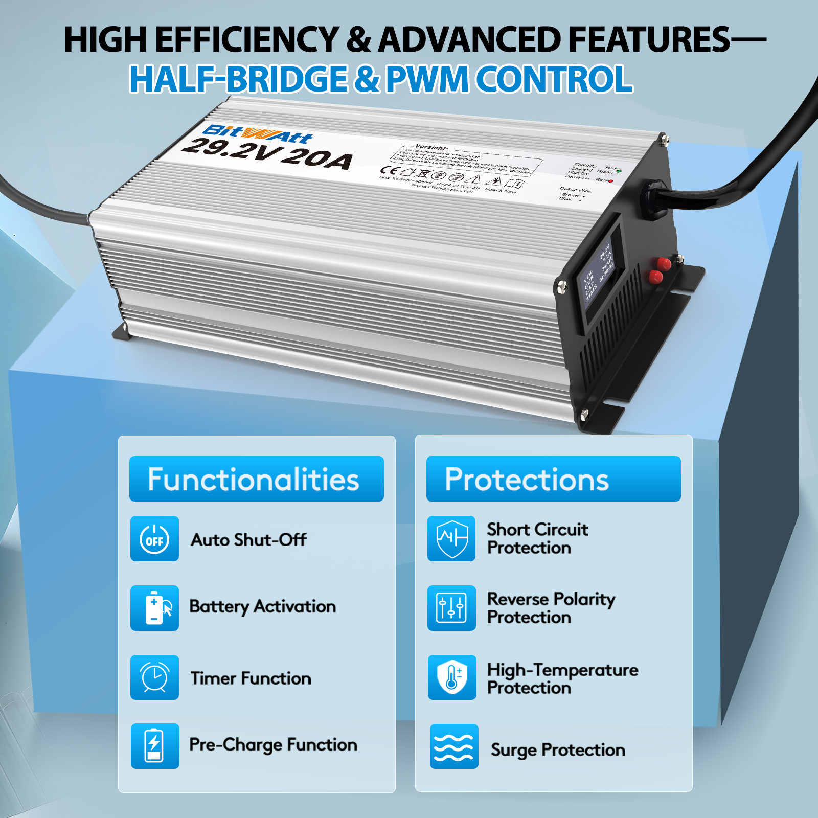 Bitwatt LiFePO4 ladegerät 24V 20A 29,2V Lithium Batterie ladegerät batterieladegerät mit LCD