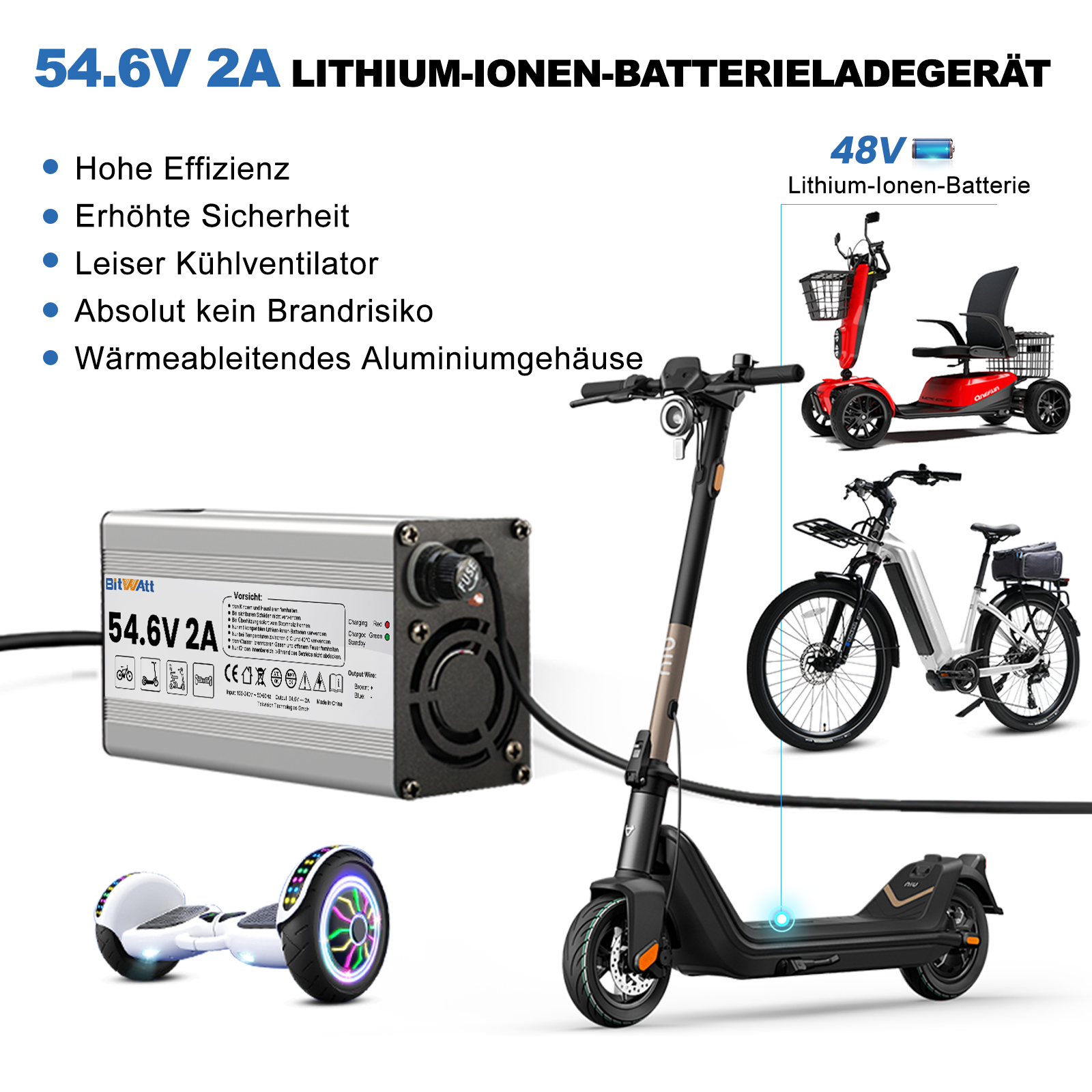 Bitwatt 54,6V 2A E-Bike Ladegerät – Ladegerät für 42V Lithium-Ionen Akku, Universal Elektrofahrrad & E-Scooter Schnellladegerät mit Schutzfunktionen