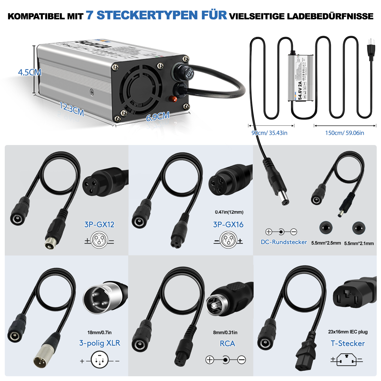 Bitwatt 54,6V 2A E-Bike Ladegerät – Ladegerät für 42V Lithium-Ionen Akku, Universal Elektrofahrrad & E-Scooter Schnellladegerät mit Schutzfunktionen