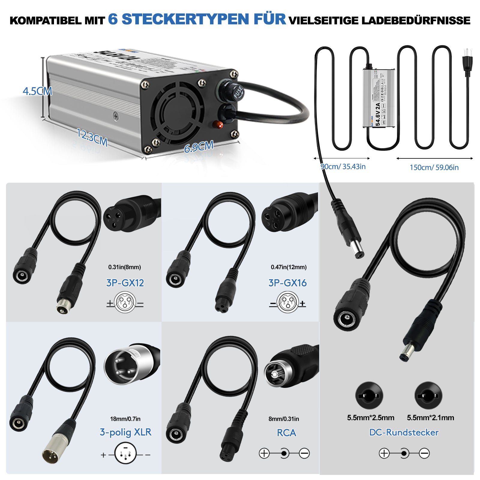 Bitwatt 54,6V 2A E-Bike Ladegerät – Ladegerät für 42V Lithium-Ionen Akku, Universal Elektrofahrrad & E-Scooter Schnellladegerät mit Schutzfunktionen