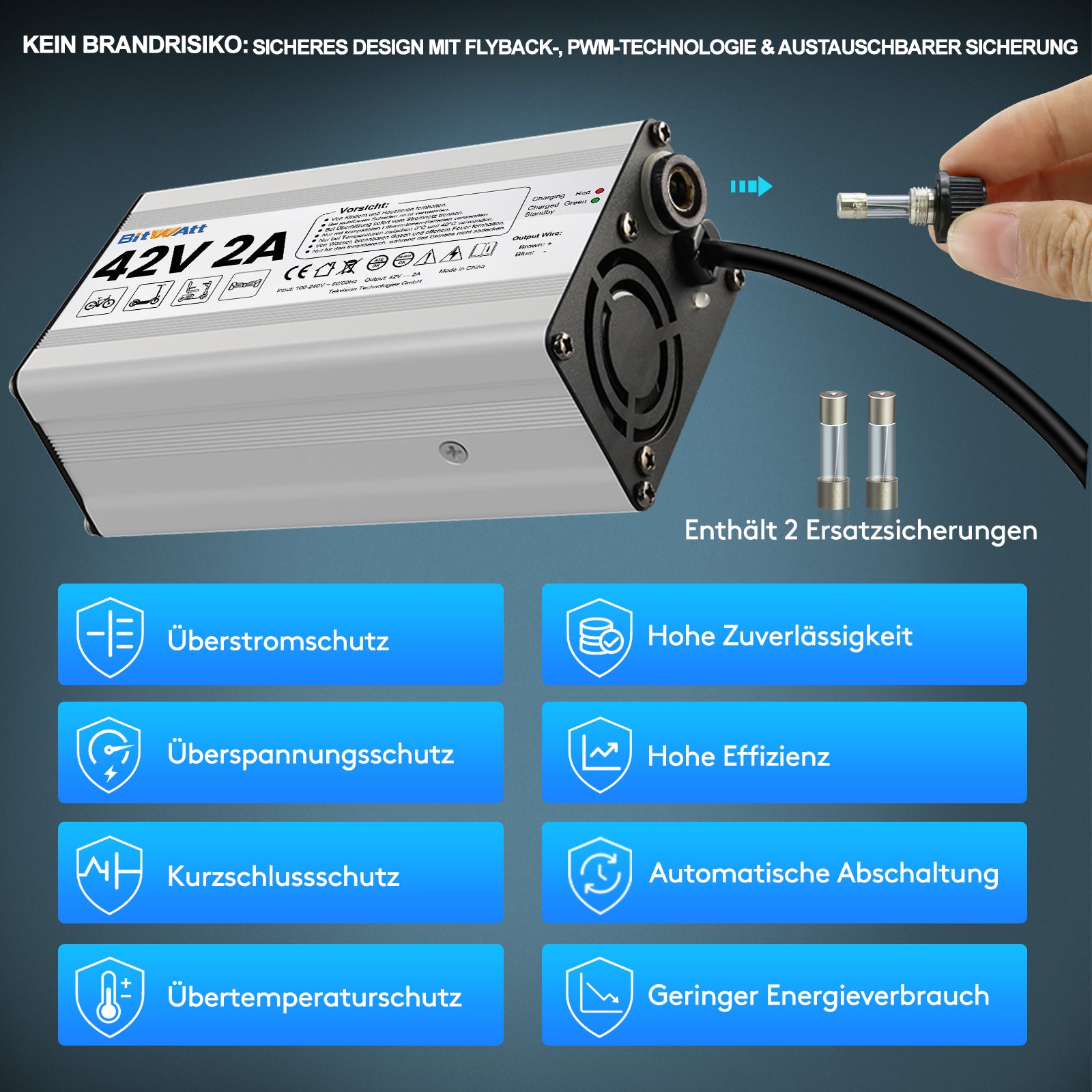 Bitwatt 42V 2A E-Bike Ladegerät – Schnellladegerät für 36V Lithium-Ionen Akku, Elektrofahrrad & E-Scooter Netzteil mit LED Anzeige