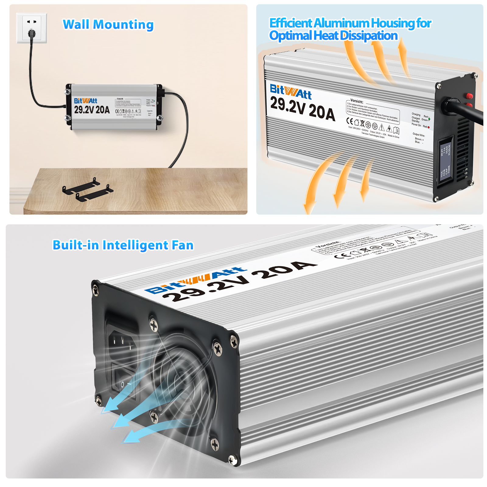 Bitwatt LiFePO4 ladegerät 24V 20A 29,2V Lithium Batterie ladegerät batterieladegerät mit LCD