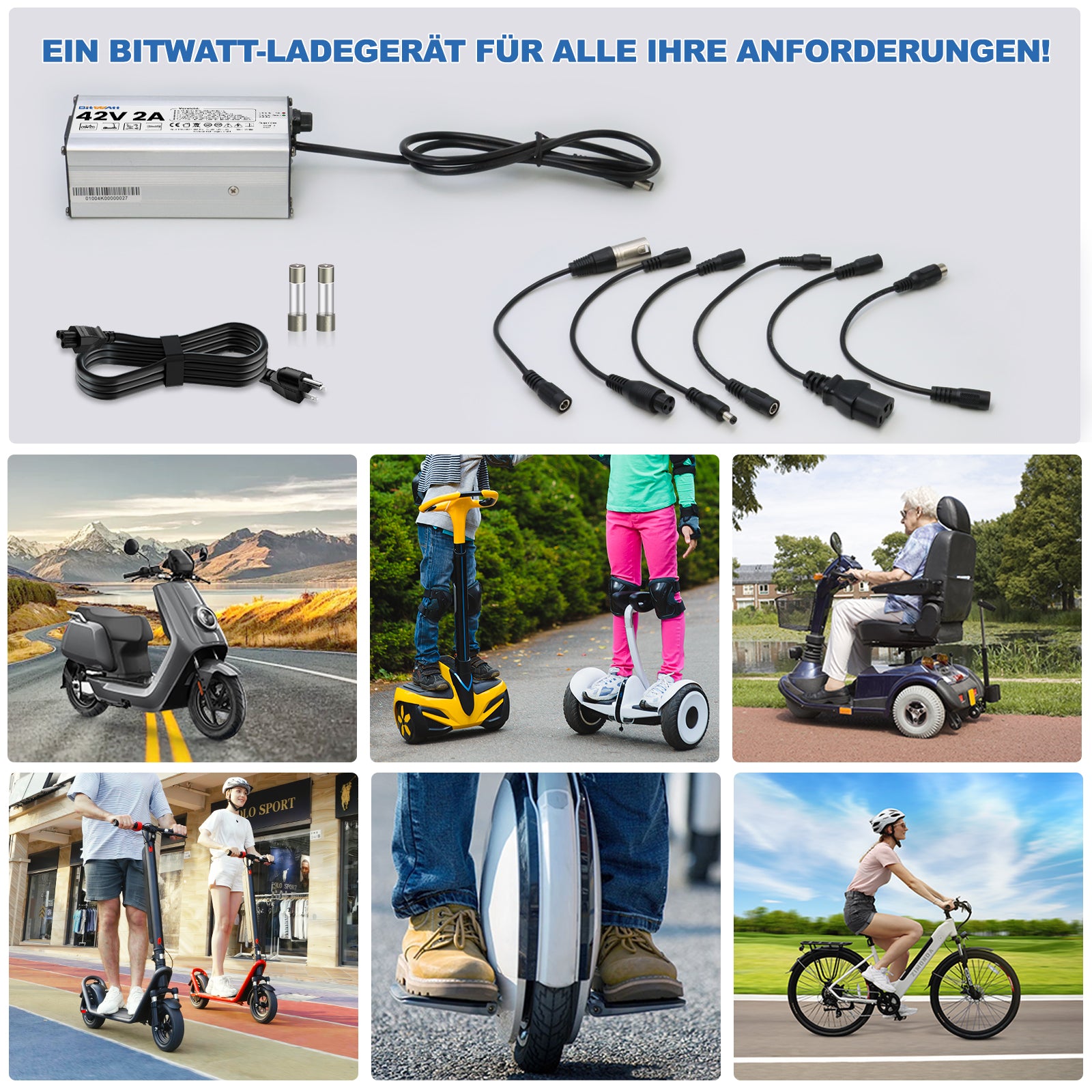 Bitwatt 42V 2A E-Bike Ladegerät – Schnellladegerät für 36V Lithium-Ionen Akku, Elektrofahrrad & E-Scooter Netzteil mit LED Anzeige