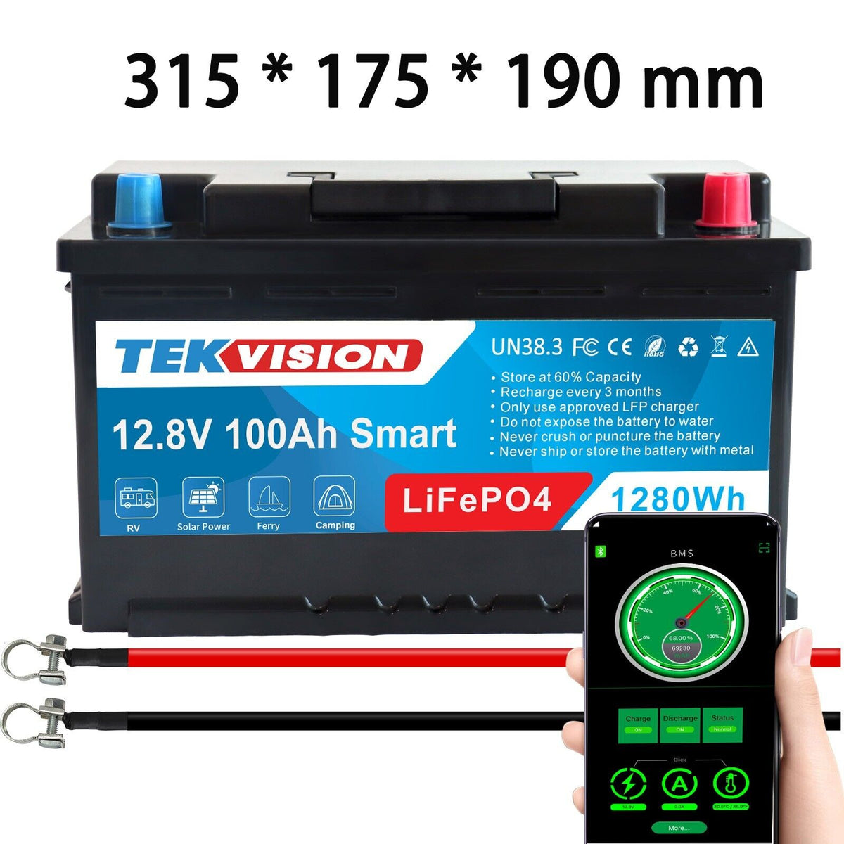 Tekvision LiFePO4 12V 100Ah H7 Lithium Batterie Bluetotoh Solarbatterie 19% MwSt .