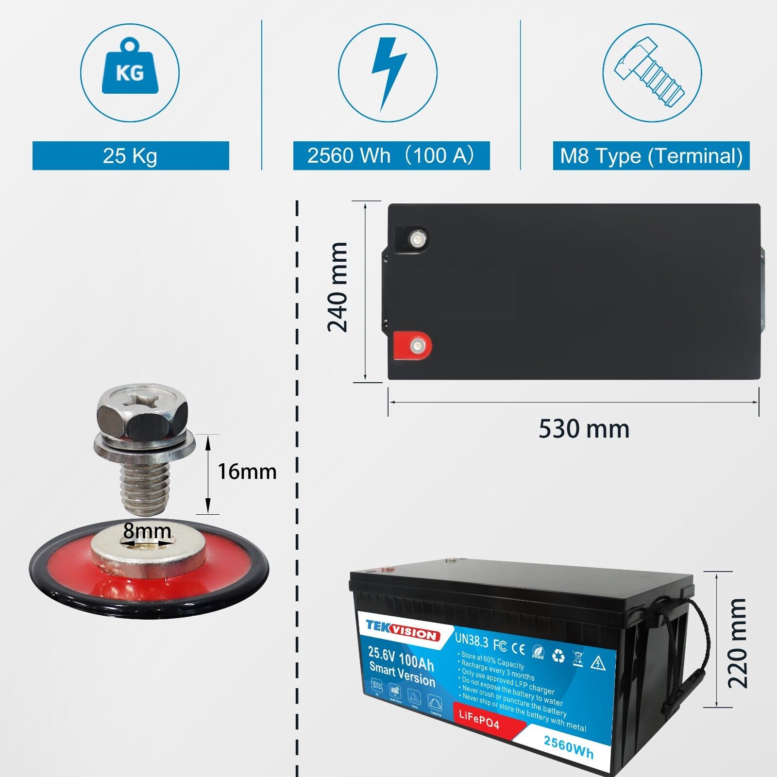 Tekvision LiFePO4 24V 100Ah Lithium Batterie Bluetooth Solarbatterie 0% MwSt.